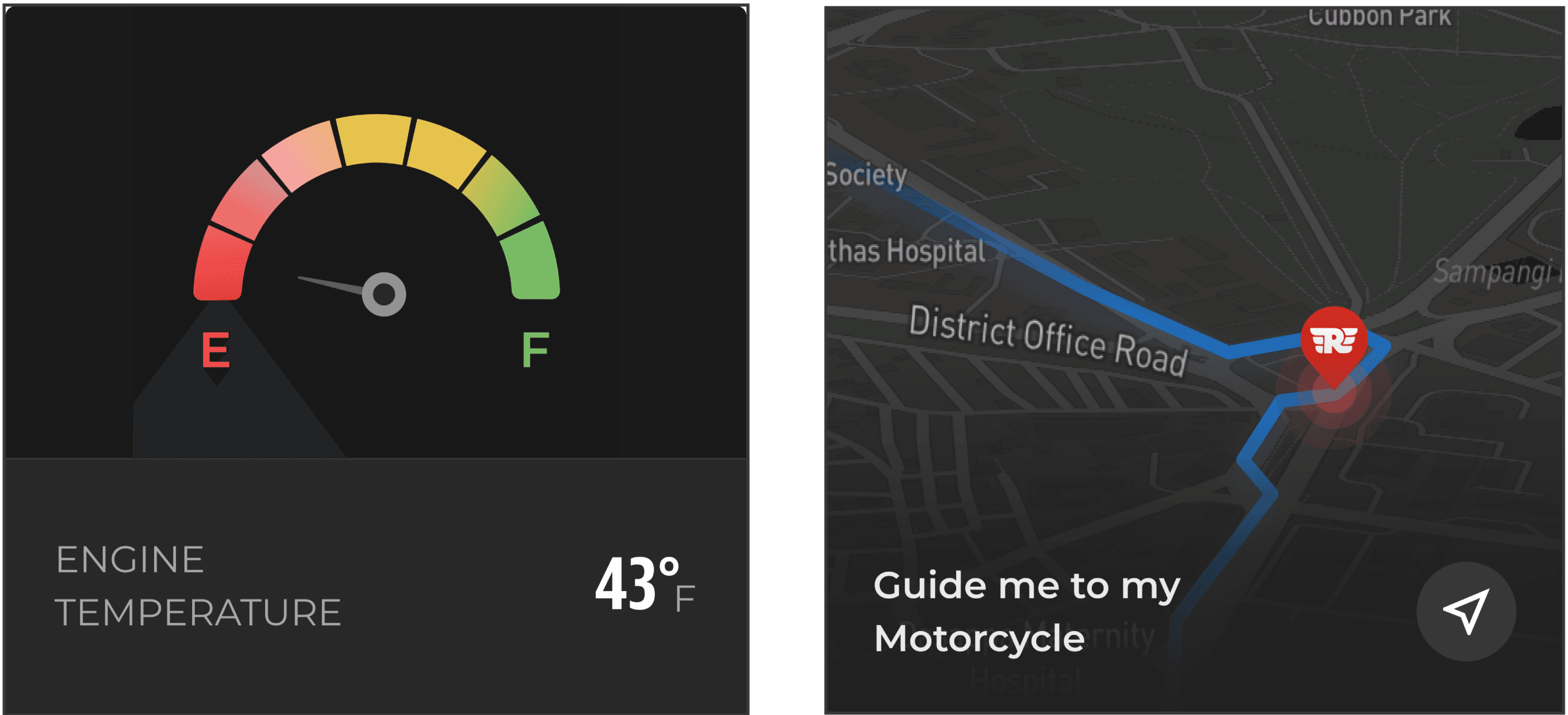Royal Enfield engine telemetry and navigation screens