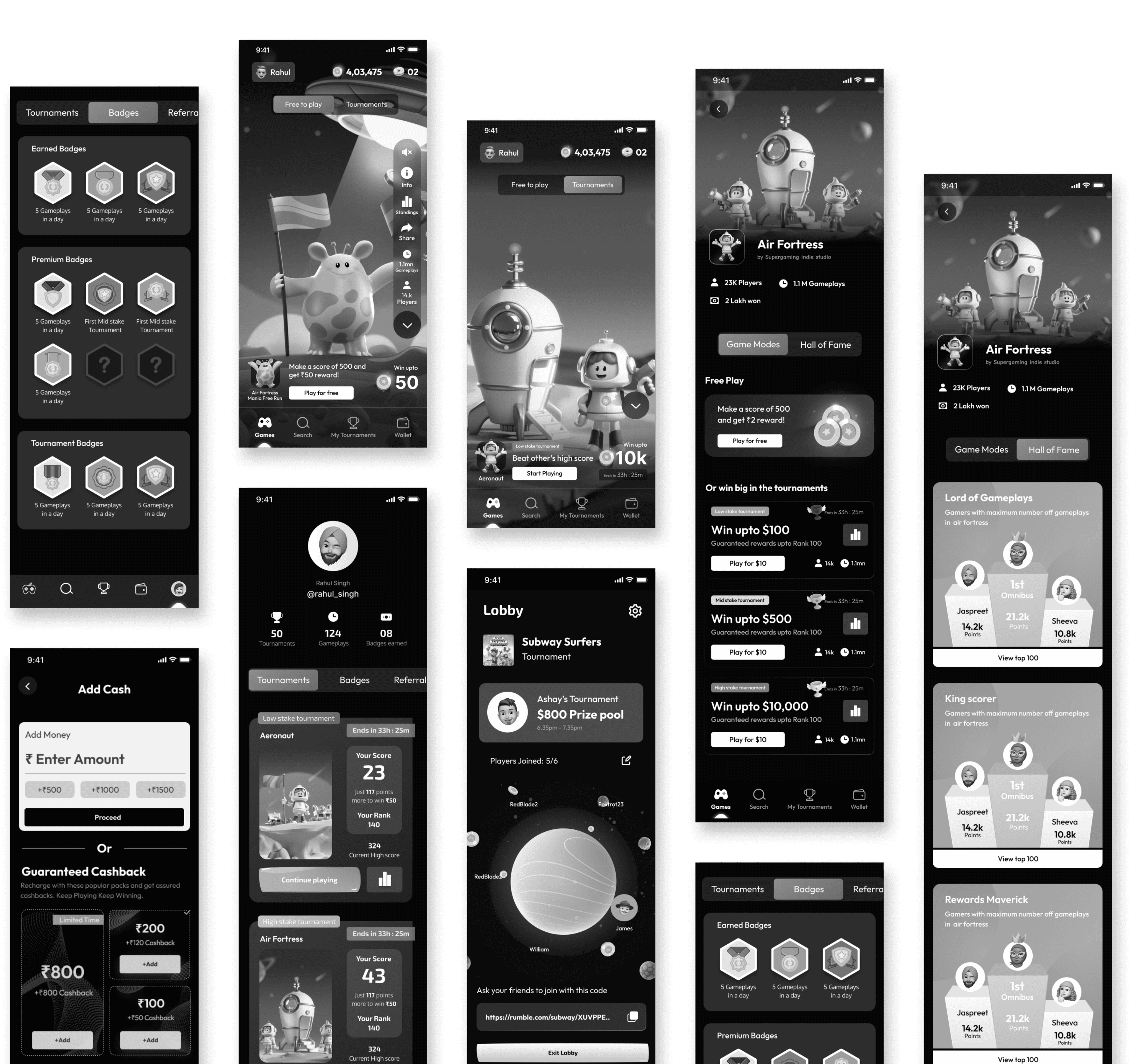 Secondary wireframes: tournament lobby, badges, wallet, and Air Fortress game screens