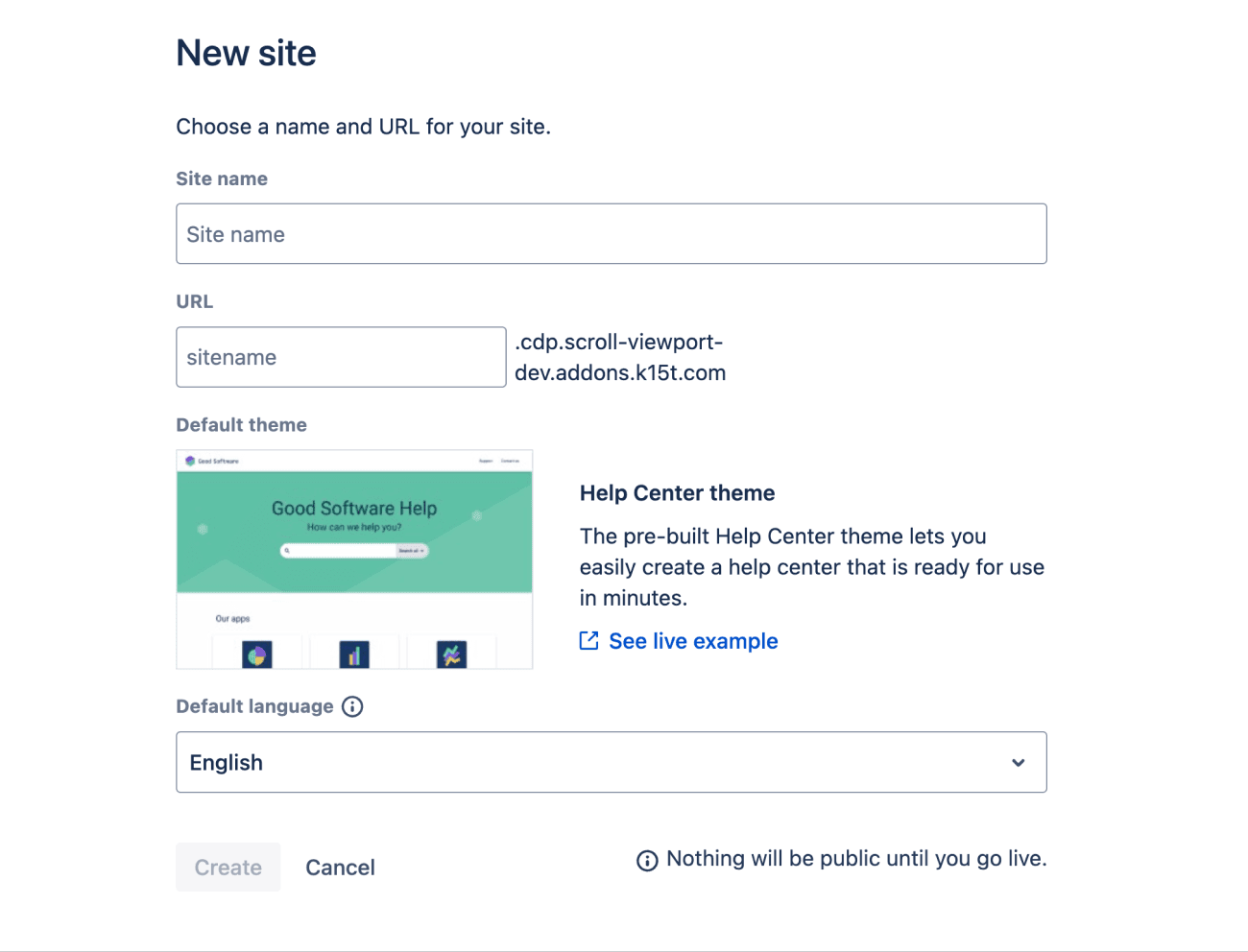 Viewport's single dense create-site form