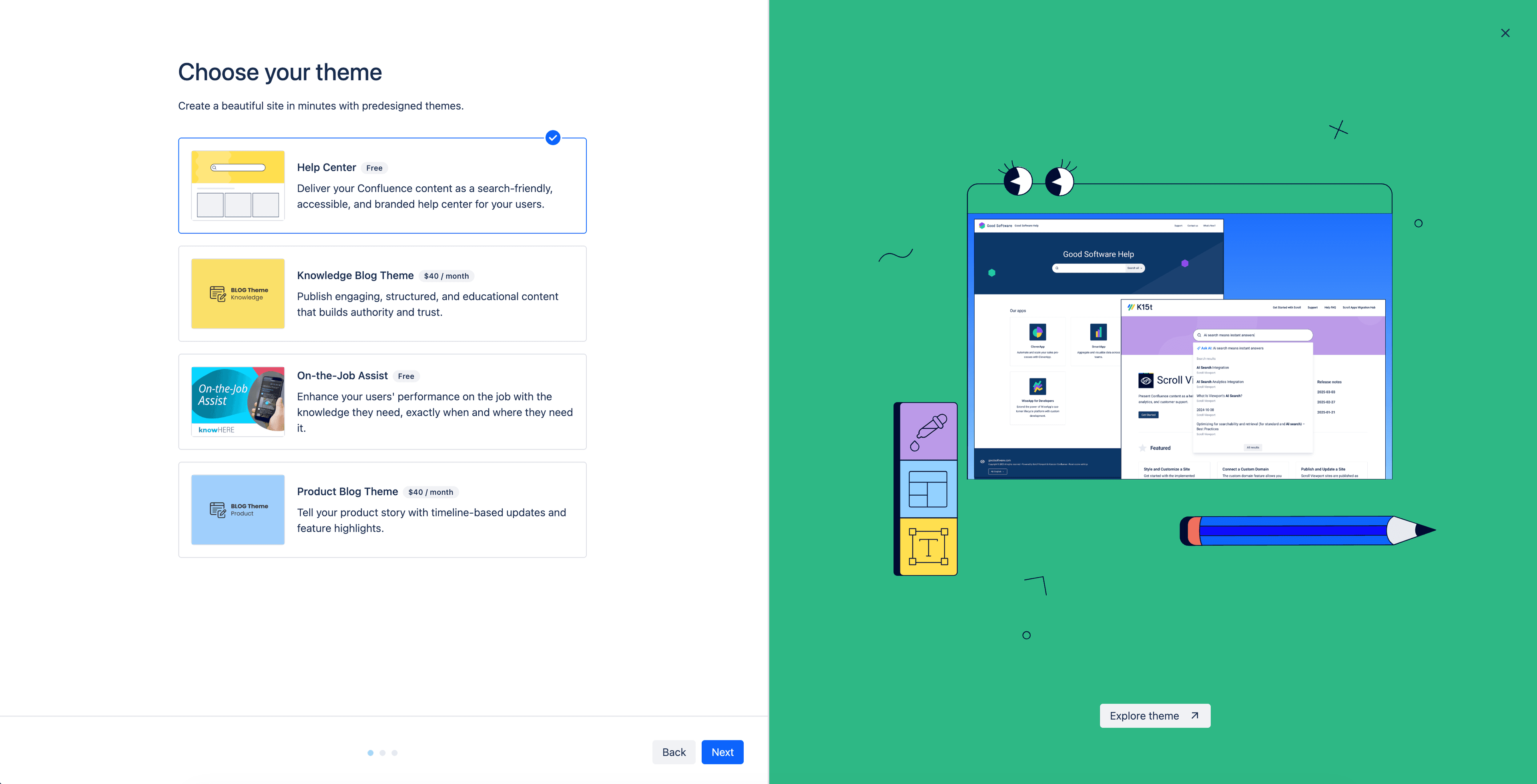 Theme picker alongside an illustrated confirmation screen