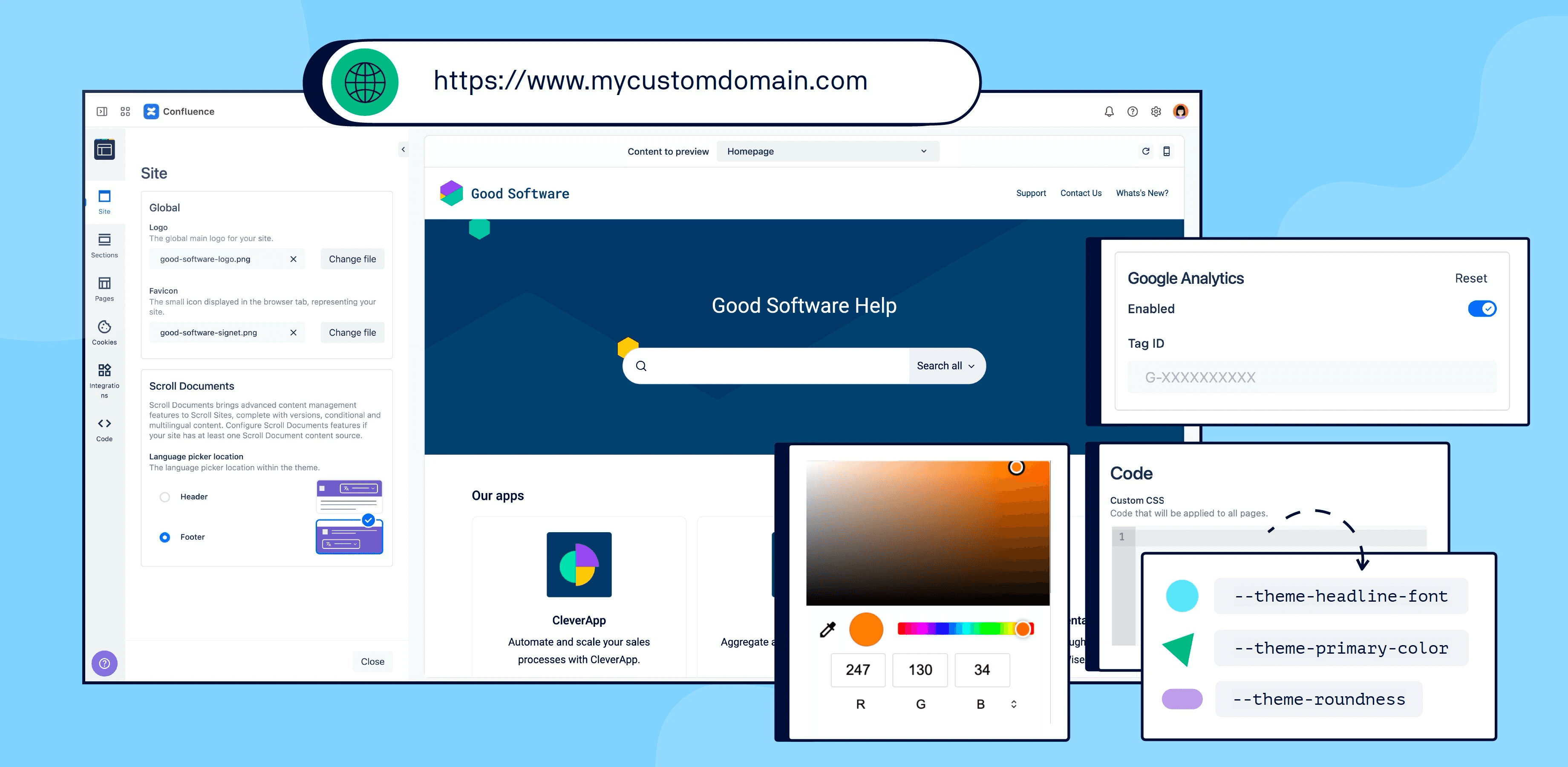 Scroll Sites custom domain settings alongside theme customization panels