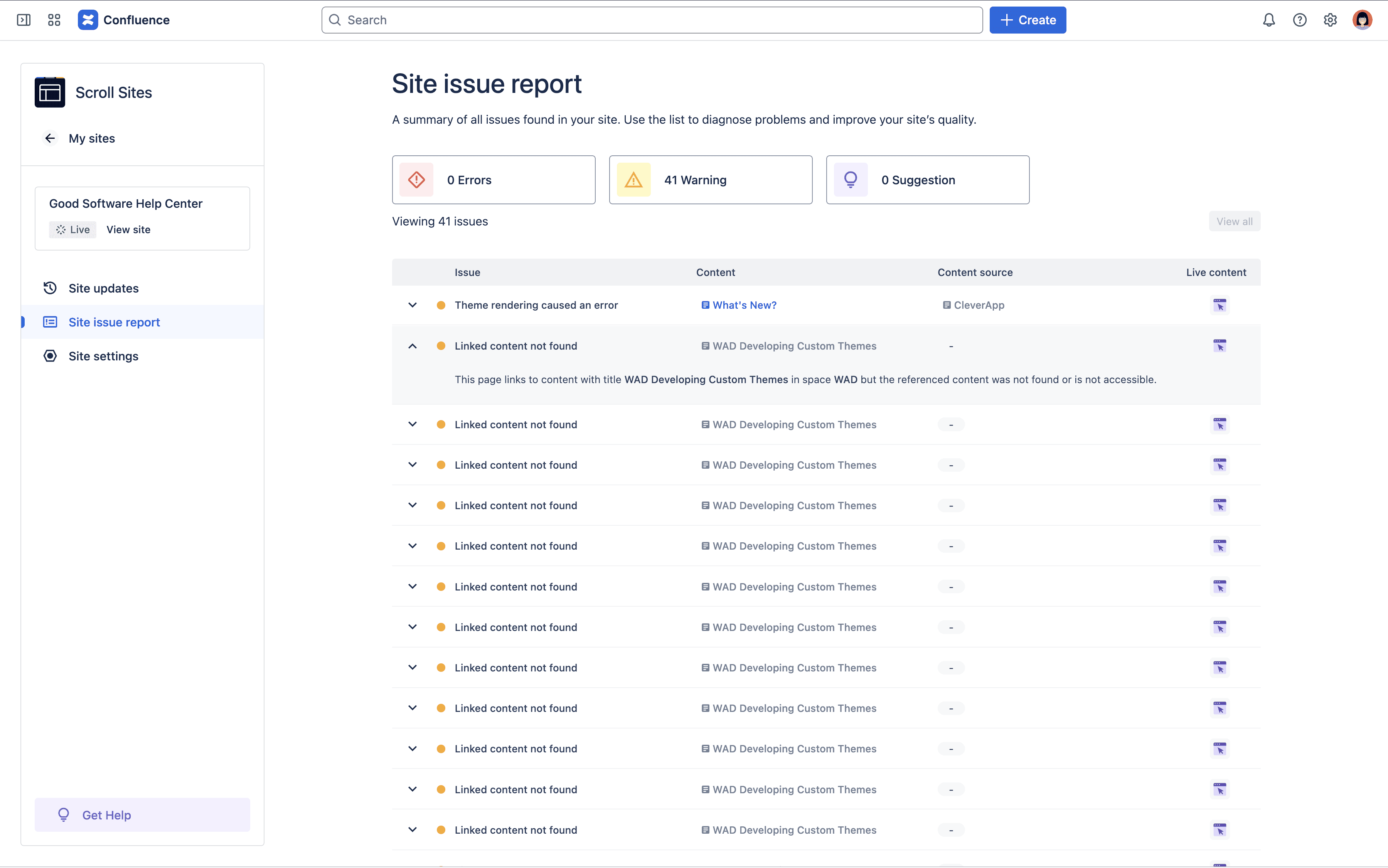 Site issue report screen