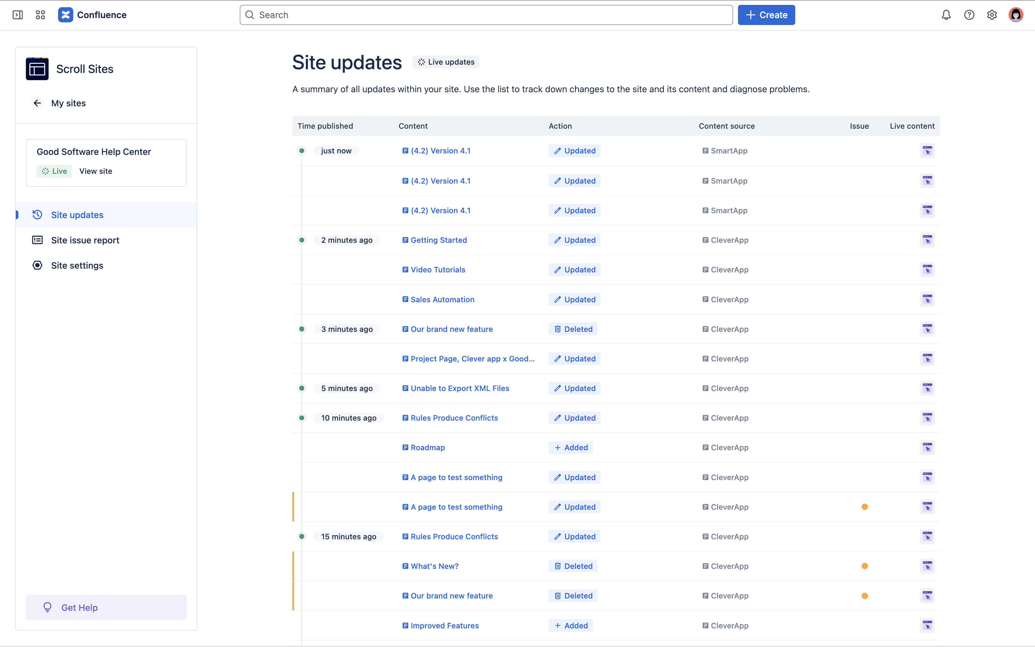 Site updates screen with the update strategy dialog open