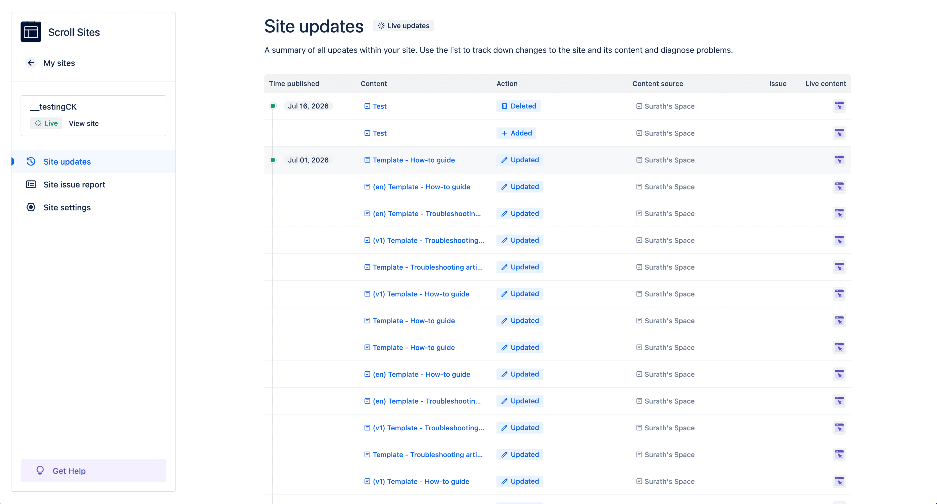 Site updates screen